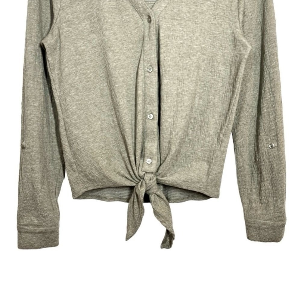Marled Button Up Tie Front Shirt Womens S Beige Crinkle Waffle Stretch Roll Tab - Picture 5 of 9
